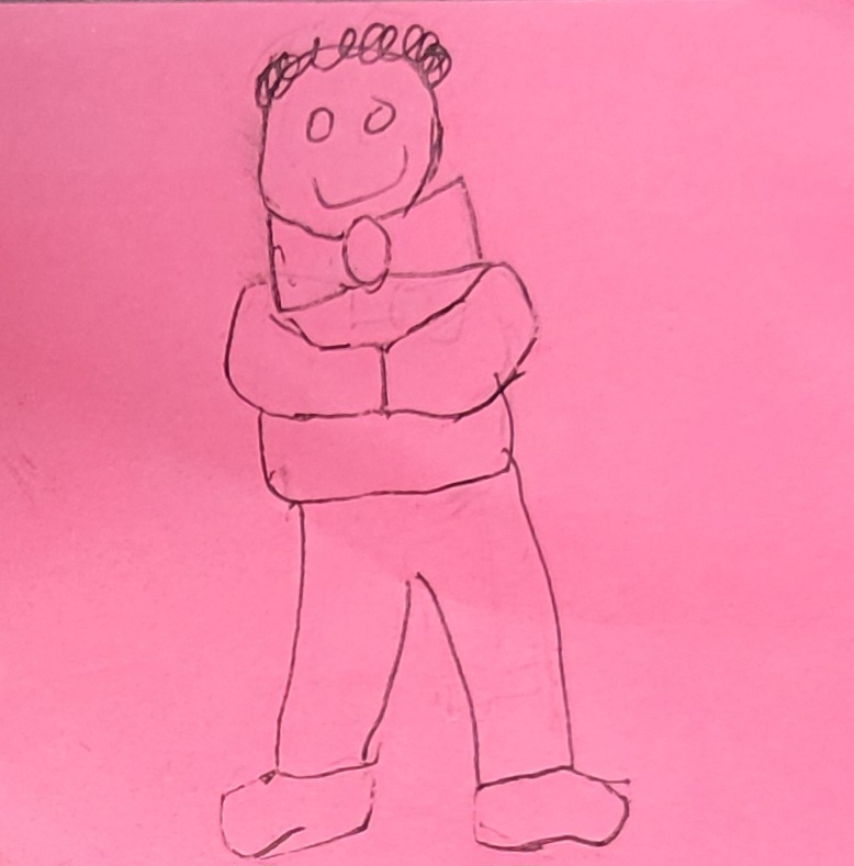 A pink post it note with a smiling cartoon man wirth curly hair wearing a bowtie