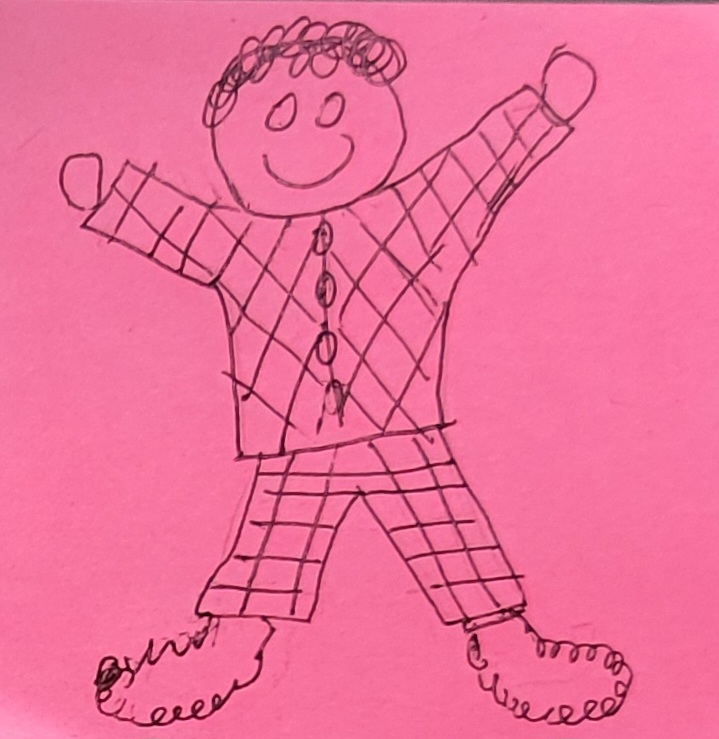 A pink post it note with a smiling cartoon man with curly hair in tartan pajamas