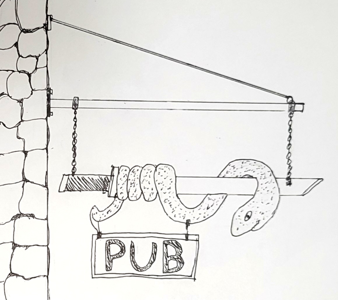 black and white drawing of a pub sign showing a serpent wrapped around a sword. A smaller sign saying pub is hung under it