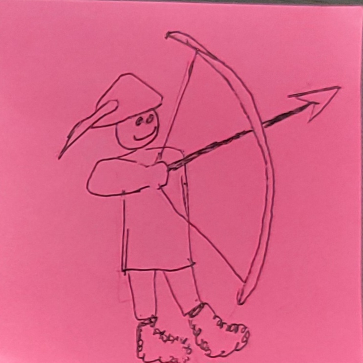 A pink post it note with a black ink drawing of robin hood wearing fuzzy socks
