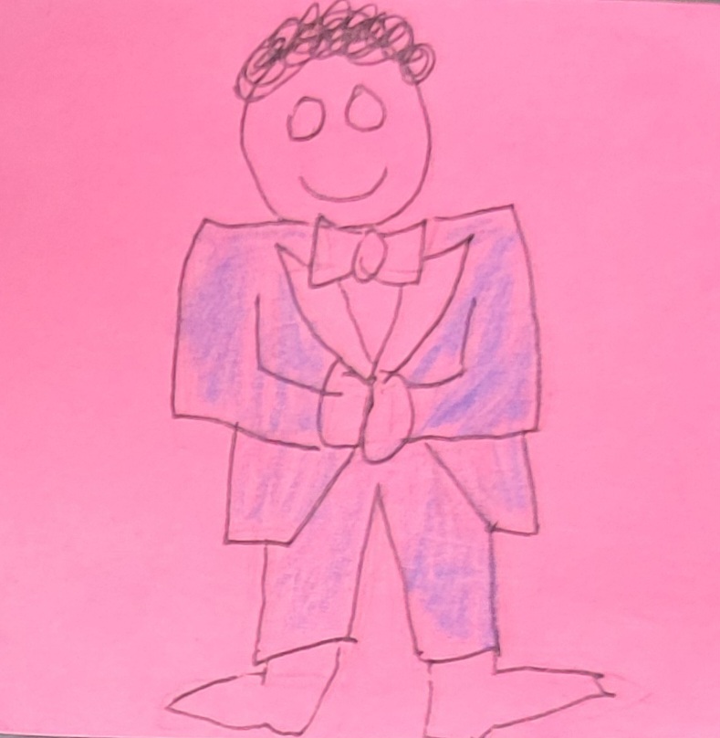 A pink post it note with a smiling cartoon man with curly hair in a blue suit.
