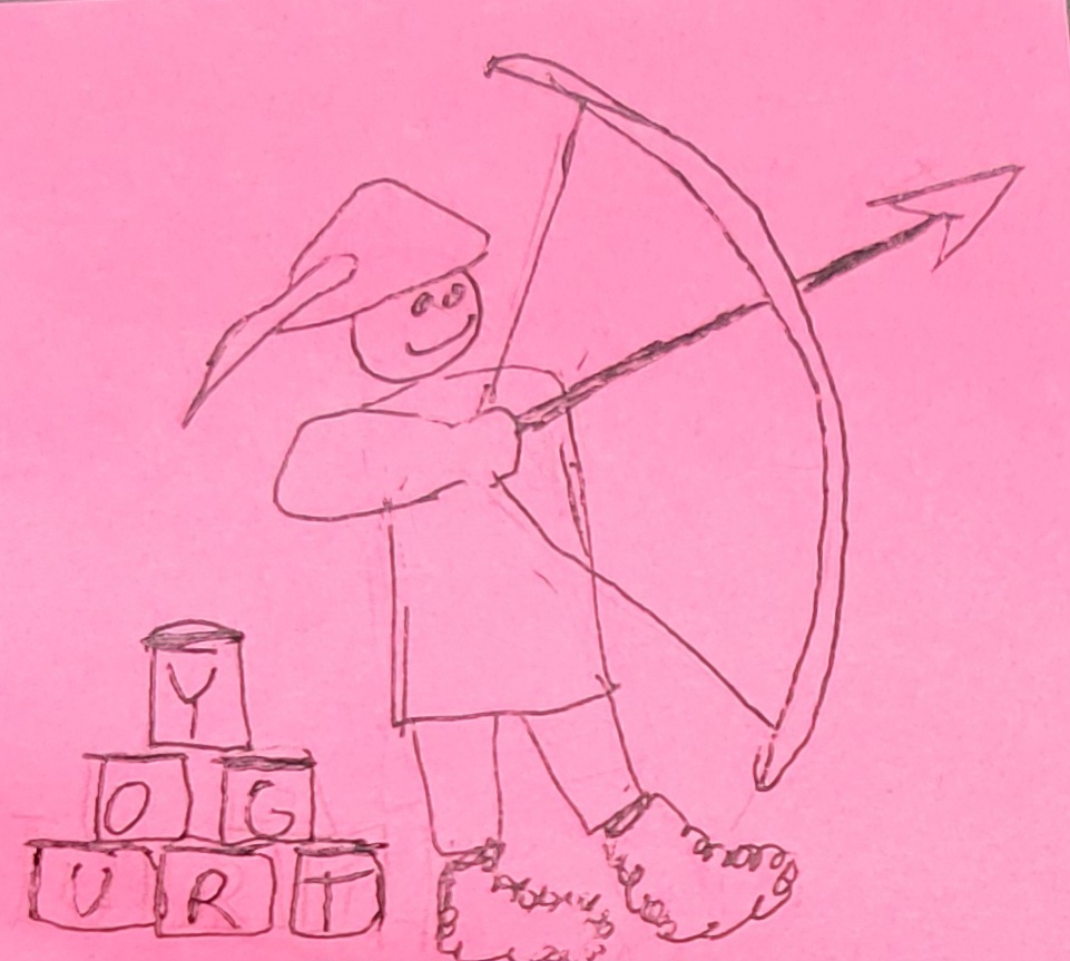 A pink post it note with a black ink drawing of robin hood wearing fuzzy socks and a stack of yoghurt